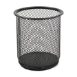 Round black metal mesh wastebasket.