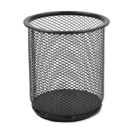 Round black metal mesh wastebasket.