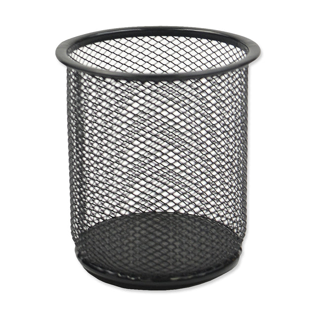 Round black metal mesh wastebasket.