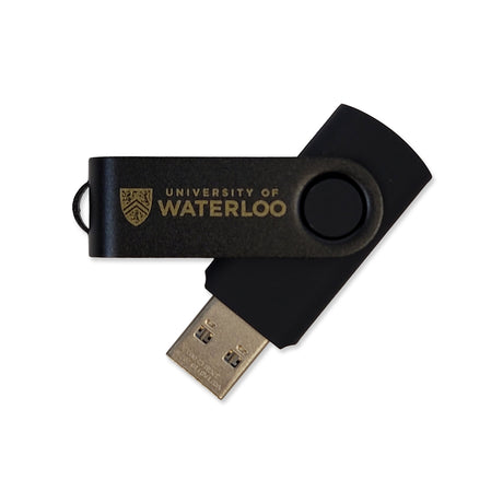Black USB flash drive with a rotating cap, labeled University of Waterloo with crest.