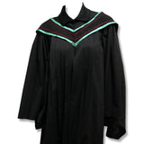 A black graduation gown with a pleated front and a decorative collar featuring green and red stripes.