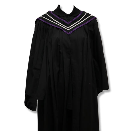 Black graduation gown with a purple and white striped collar.