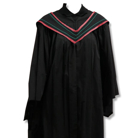 Black graduation gown with a pink and green chevron V-shaped yoke.
