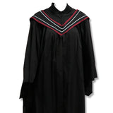 Black graduation gown with a maroon and white V-shaped trim at the neckline.