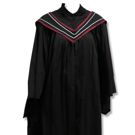 Black graduation gown with a maroon and white V-shaped trim at the neckline.