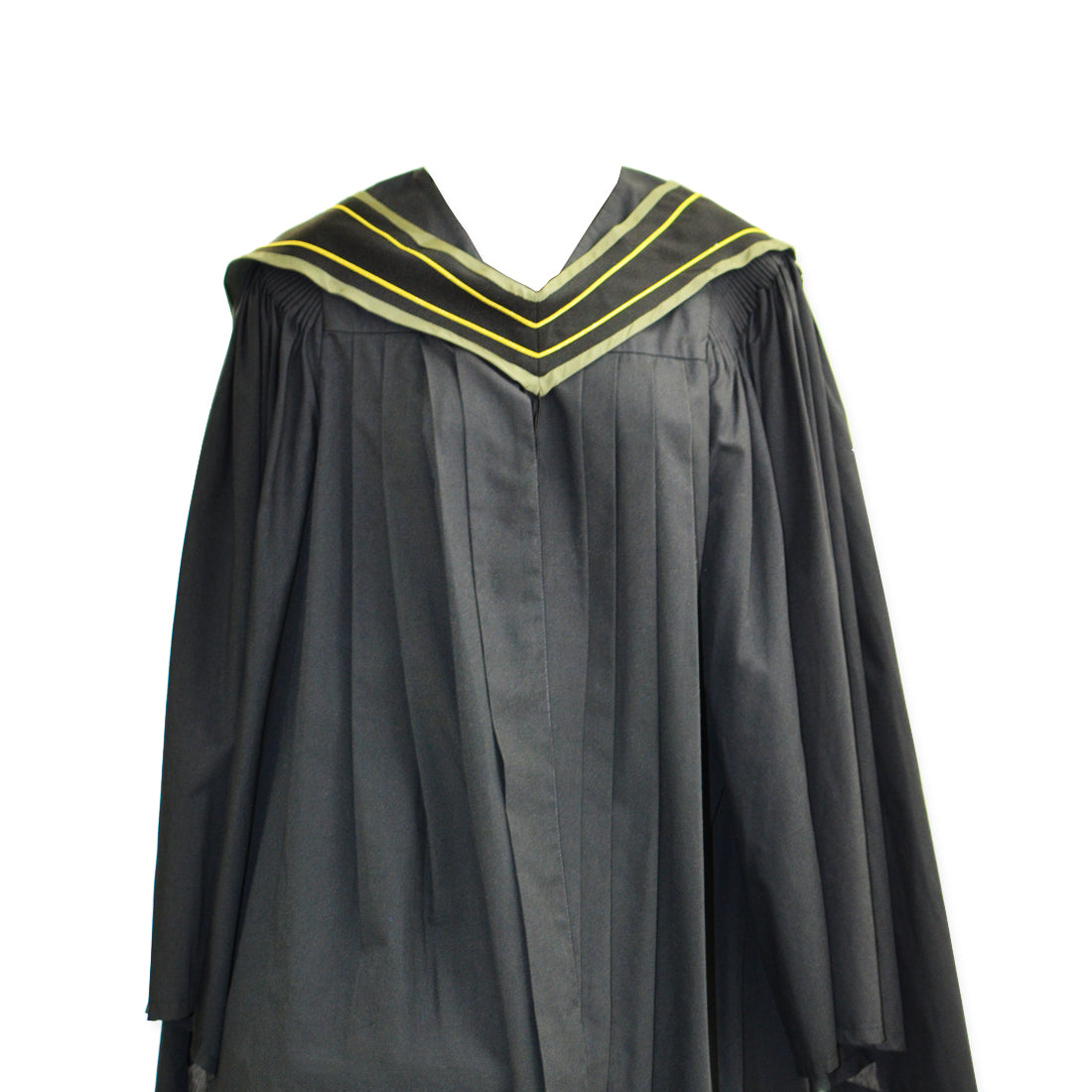 Black graduation gown with pleated front and a V-shaped collar featuring yellow stripes.