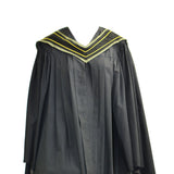 Black graduation gown with pleated front and a V-shaped collar featuring yellow stripes.