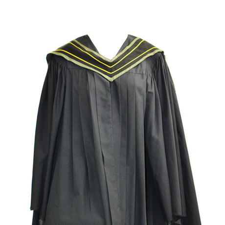 Black graduation gown with pleated front and a V-shaped collar featuring yellow stripes.