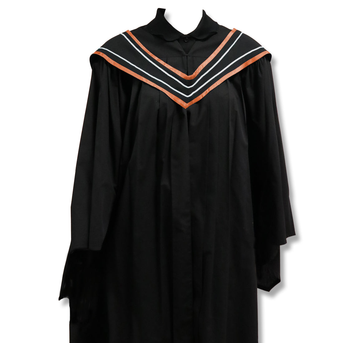 Black graduation gown with an orange-and-white chevron (V-shaped) yoke.