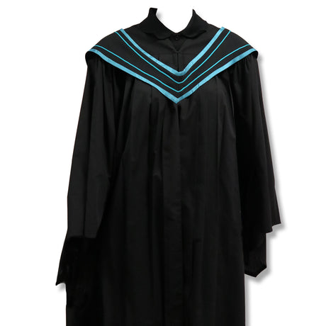 A black graduation gown with blue stripes on the collar and shoulders.