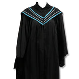 Black graduation gown with blue and turquoise chevron trim on the yoke.