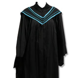 A black graduation gown with blue stripes on the collar and shoulders.