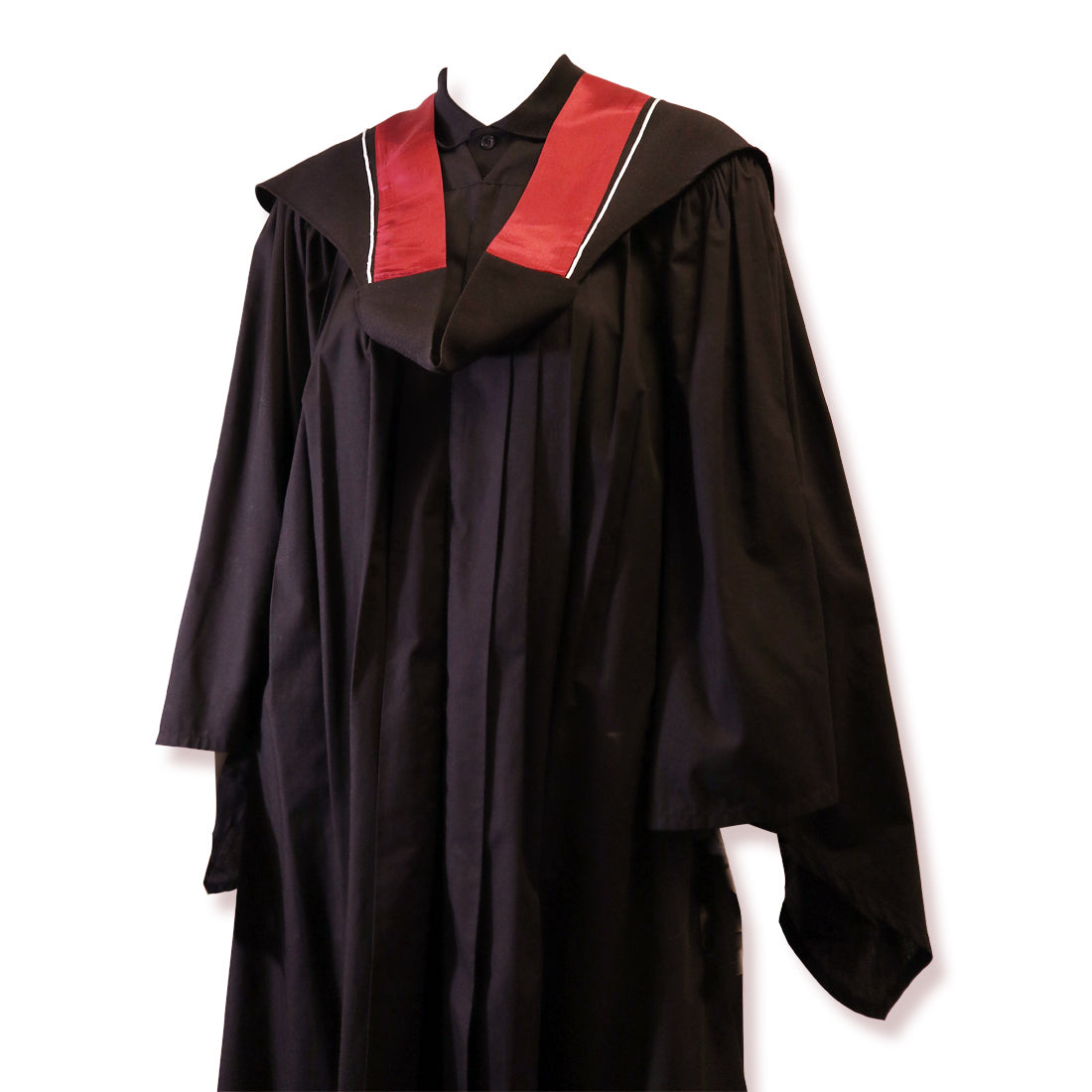 Black graduation gown with a red and white collar.