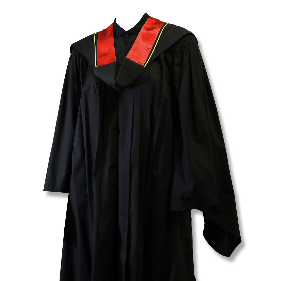 Black graduation gown with red and gold accents on the collar.