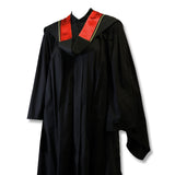 Black graduation gown with red and gold accents on the collar.