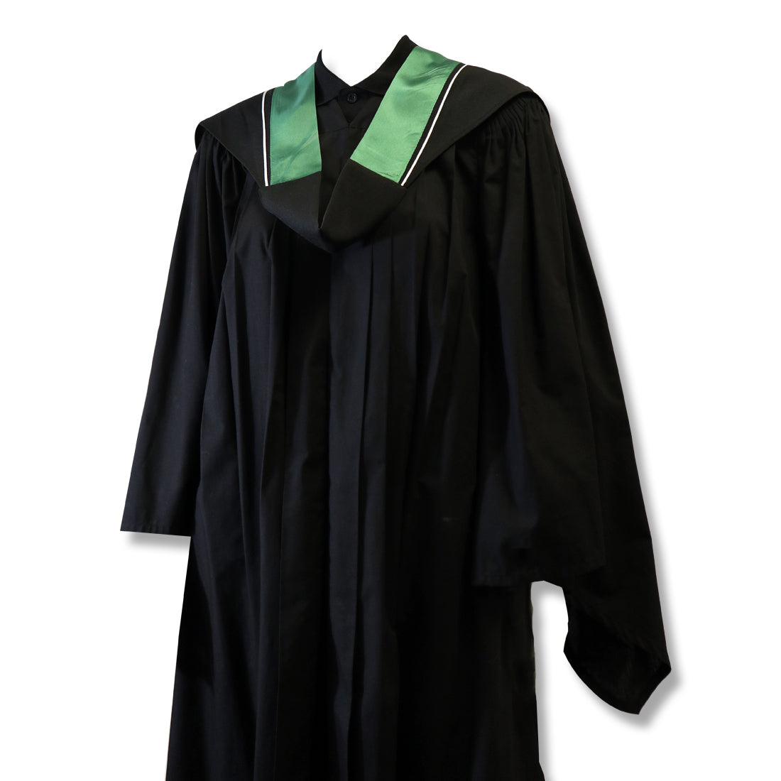 A black graduation gown with a green collar and white stripes.