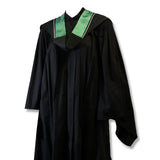 A black graduation gown with a green collar and white stripes.