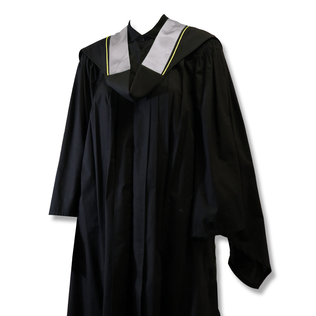 A black graduation gown with a gray and yellow collar, hanging against a white background.