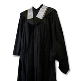 A black graduation gown with a gray and yellow collar, hanging against a white background.