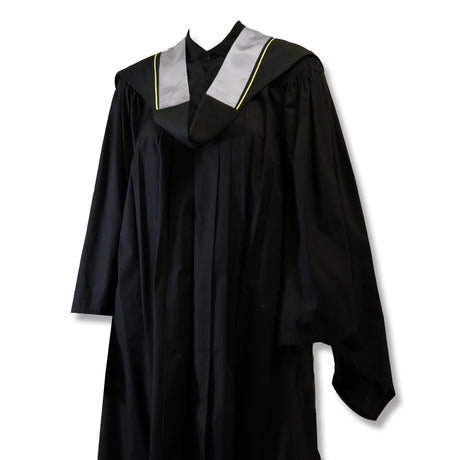 A black graduation gown with a gray and yellow collar, hanging against a white background.