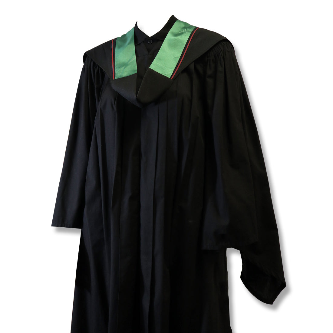 Black graduation gown with a green hood and red trim.