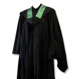 Black graduation gown with a green hood and red trim.