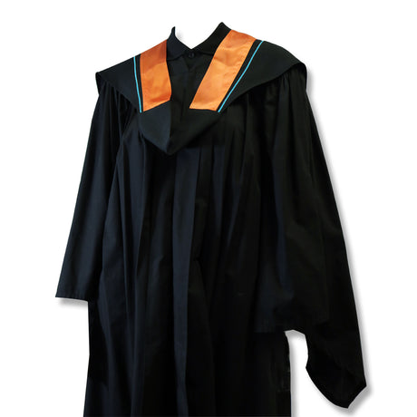 A black graduation gown with an orange and teal collar.