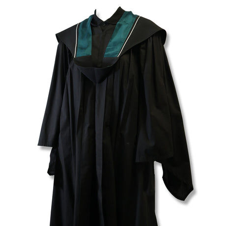 A black graduation gown with a teal and white collar.