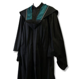 A black graduation gown with a teal and white collar.