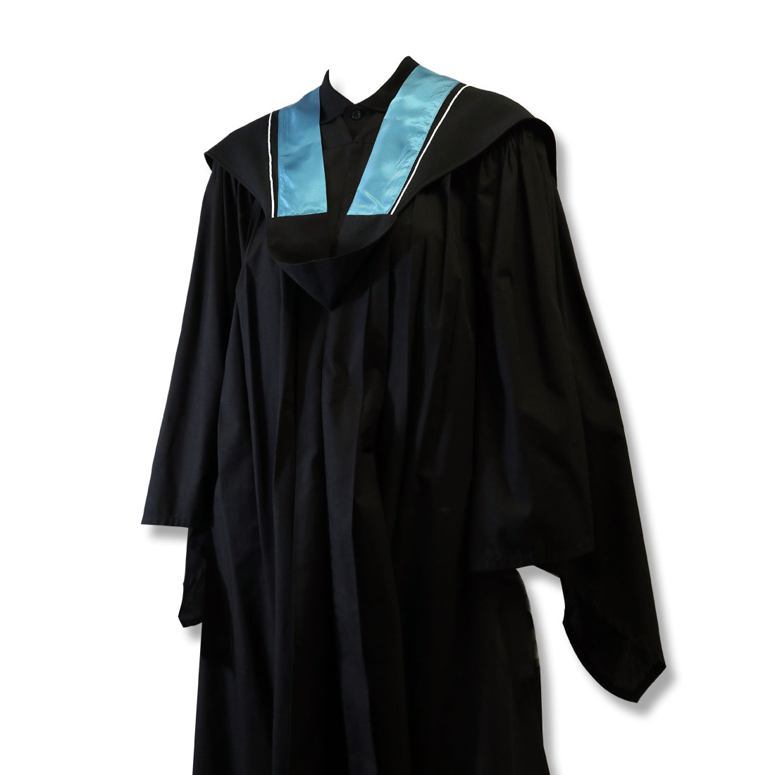 Black graduation gown with a light blue collar and white trim.