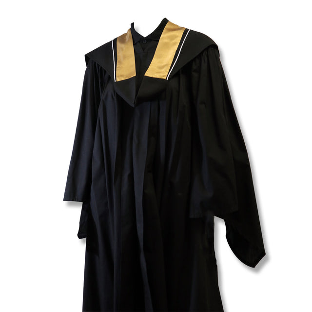 Black graduation gown with a gold and white collar.