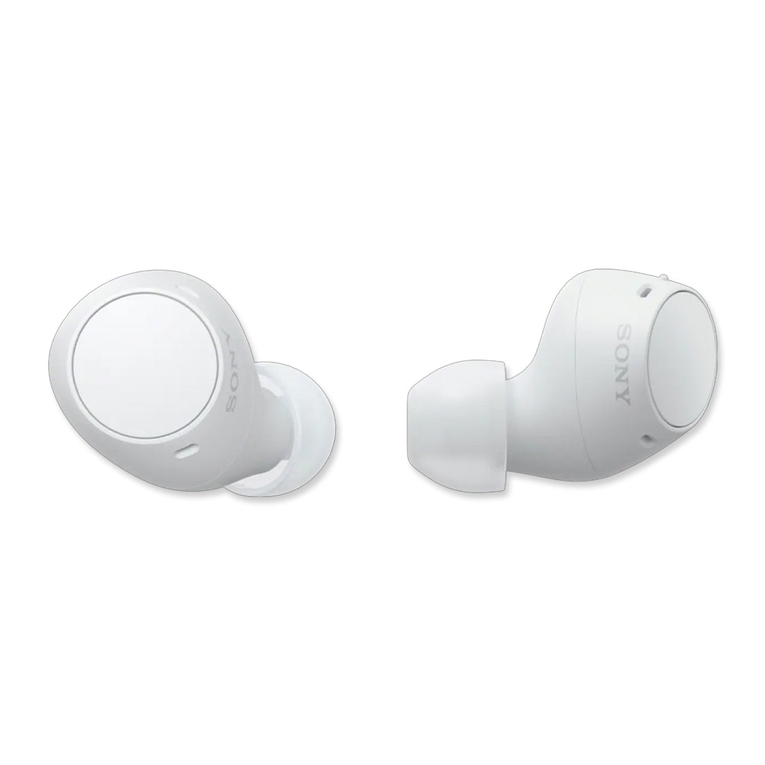 Two white wireless earbuds with a sleek design and the Sony logo visible.