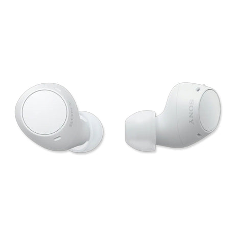 Two white wireless earbuds with a sleek design and the Sony logo visible.