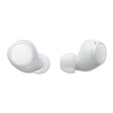 Two white wireless earbuds with a sleek design and the Sony logo visible.