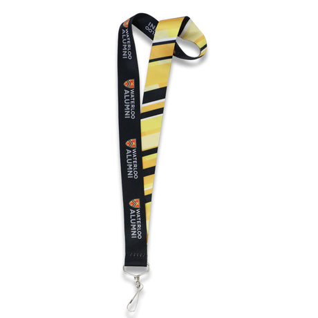 A black and yellow lanyard with "WATERLOO ALUMNI" text and a metal clip at the end.