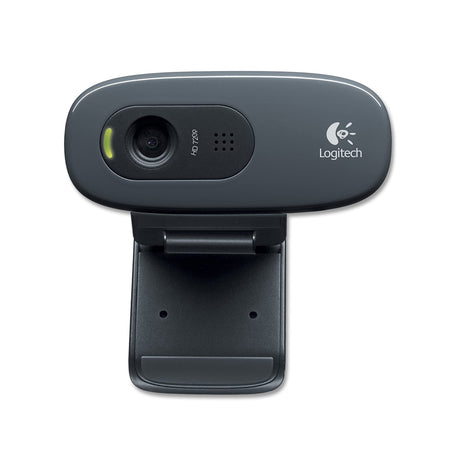 A Logitech HD 720p webcam with a grey body and a foldable clip for mounting.