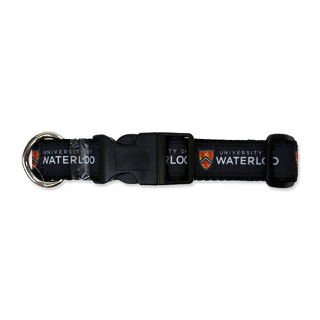 A black lanyard with "University of Waterloo" printed on it and a silver metal ring.