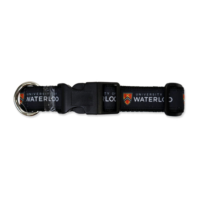 A black lanyard with "University of Waterloo" printed on it and a silver metal ring.