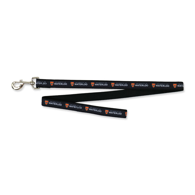 A black dog leash featuring the logo and name "University of Waterloo" in repeated patterns along its length.