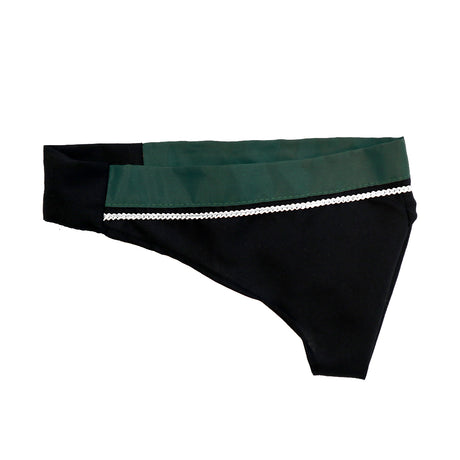 A black and green women's bikini bottom with a decorative white trim.