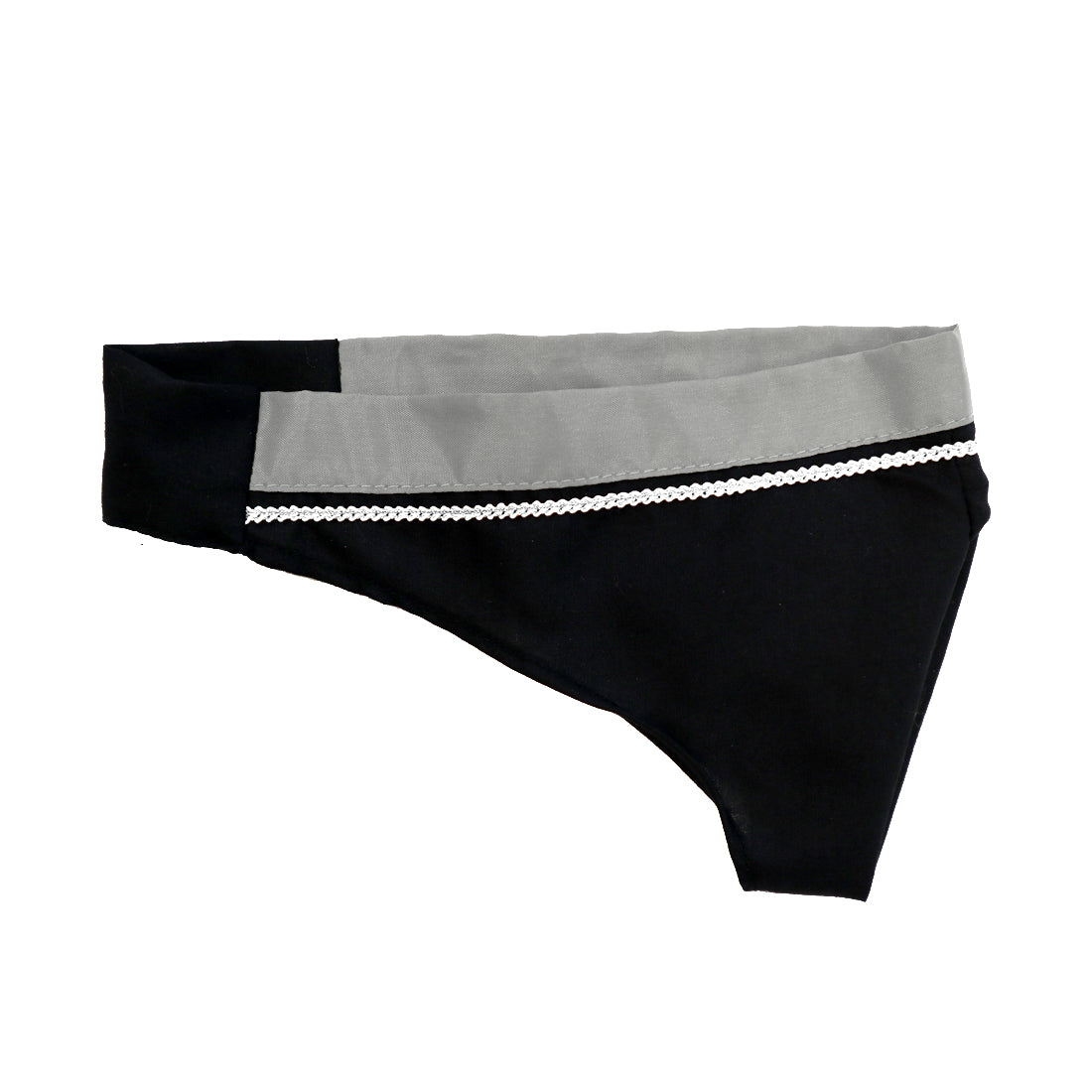 A black and gray women's bikini bottom with a decorative white trim.