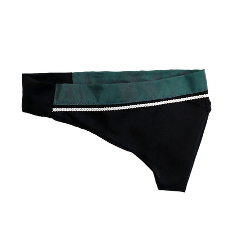 A black and green pair of women's underwear featuring a decorative white trim along the waistband.
