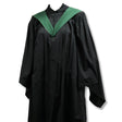 A black graduation gown with a green collar.