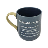 A blue mug with a beige handle displaying "Canada Facts" and four bullet points about Canada.