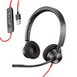 Black wired over-ear headset with foam cushions and a flexible microphone boom; red USB inline controller with buttons.