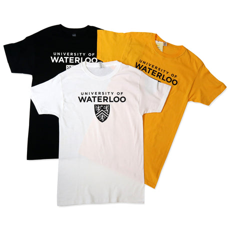 Three t-shirts featuring the University of Waterloo logo: one black, one white, and one yellow.