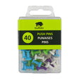 Clear plastic case of assorted push pins (40), in blue, green, white, and purple, with a bright lime-green label reading "40 Push Pins."
