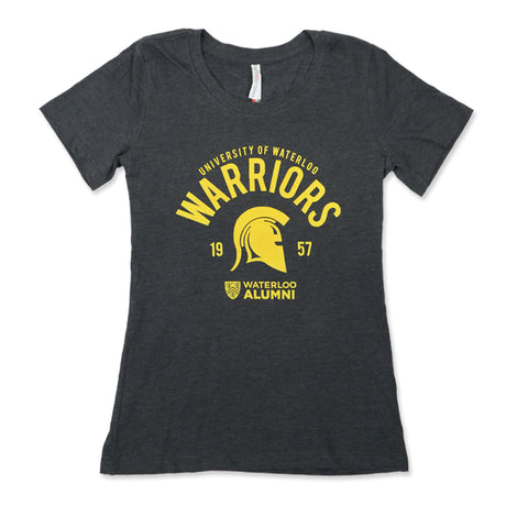 Dark gray t-shirt featuring "University of Waterloo Warriors" in yellow, with a helmet graphic and "1957" below. "Waterloo Alumni" logo at the bottom.