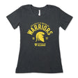 Dark gray t-shirt featuring "University of Waterloo Warriors" in yellow, with a helmet graphic and "1957" below. "Waterloo Alumni" logo at the bottom.