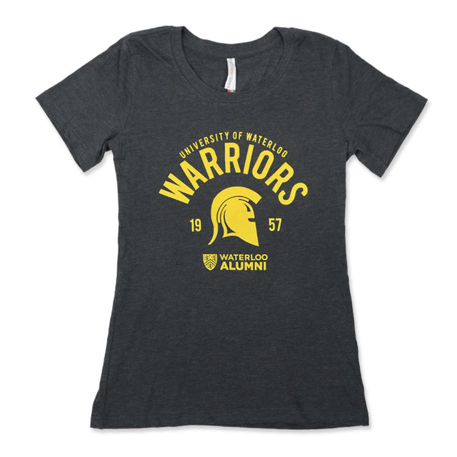 Dark gray t-shirt featuring "University of Waterloo Warriors" in yellow, with a helmet graphic and "1957" below. "Waterloo Alumni" logo at the bottom.